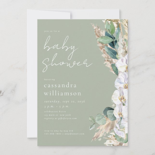 Invitación Fiesta de Bebé Floral Boho de Pasto Pampas Verde S (Anverso)