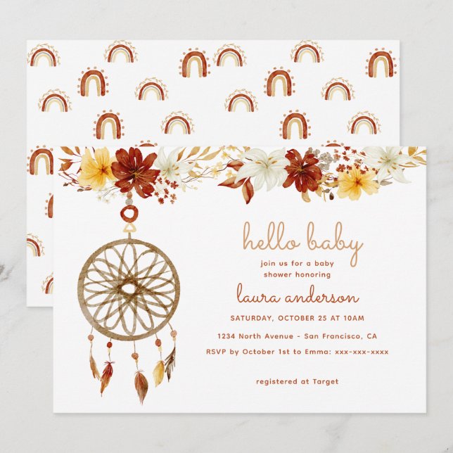 Invitación Fiesta de Bebé Floral Boho Sin Género (Anverso / Reverso)