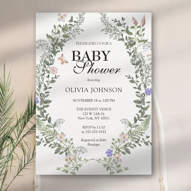 Invitación Fiesta de Bebé Floral Boho Verde Suave sin Género  (Subido por el creador)