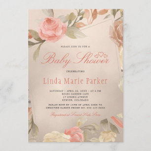 Invitación Fiesta de Bebé Floral Crema de Melocotón Coral Oro