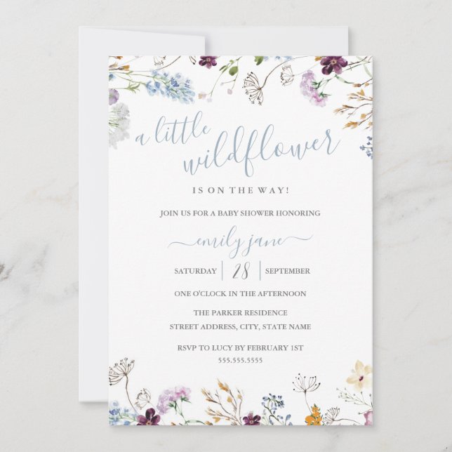 Invitación Fiesta de bebé floral de flores silvestres azules  (Anverso)