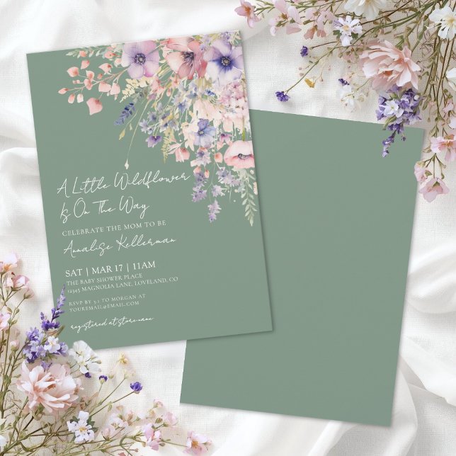Invitación Fiesta de Bebé Floral de Flores Silvestres Verde S (Sage Green Wildflower Floral Baby Shower Invitation)