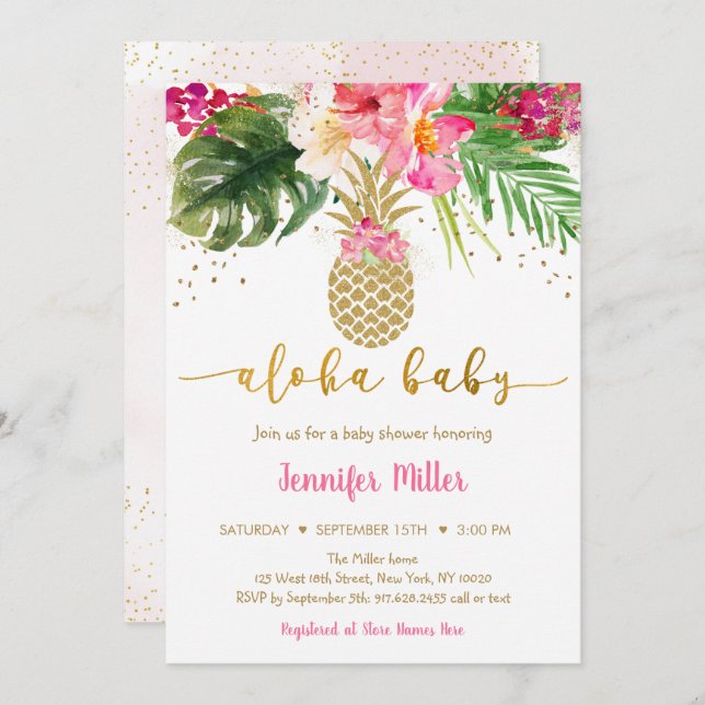 Invitación Fiesta de Bebé Floral de Piña Rosa Dorado Aloha (Anverso / Reverso)