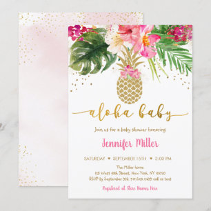 Invitación Fiesta de Bebé Floral de Piña Rosa Dorado Aloha