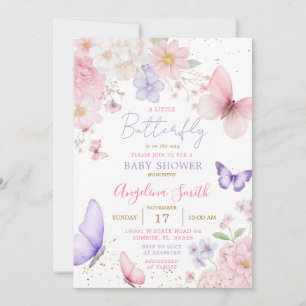 Invitación Fiesta de Bebé Floral Mariposa Pequeña Rosa y Mora