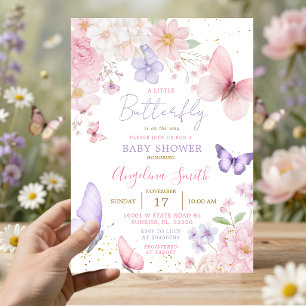 Invitación Fiesta de Bebé Floral Mariposa Pequeña Rosa y Mora