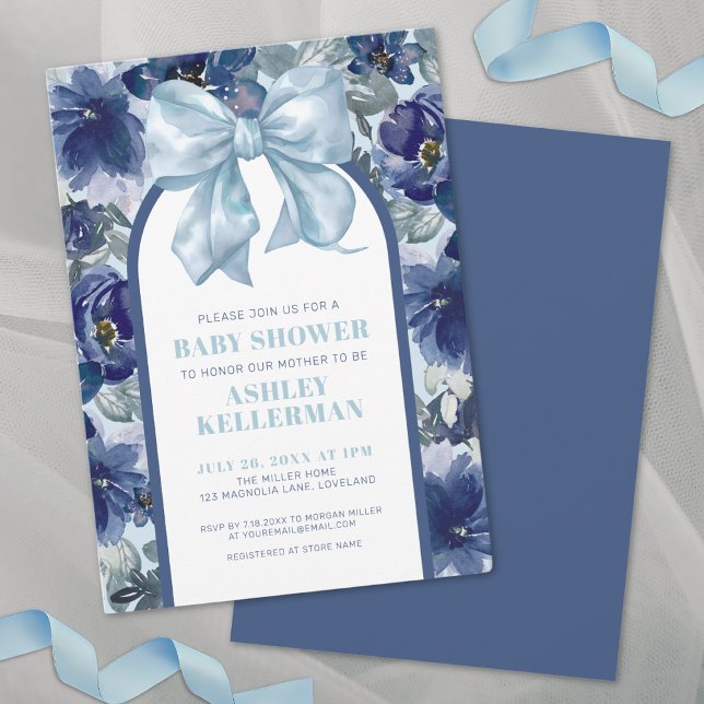 Invitación Fiesta de Bebé Floral Niño Azul Moño (Floral Boy Blue Bow Baby Shower Invitation)