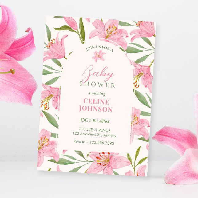 Invitación Fiesta de bebé floral pastel de lirio rosa verde e (Subido por el creador)