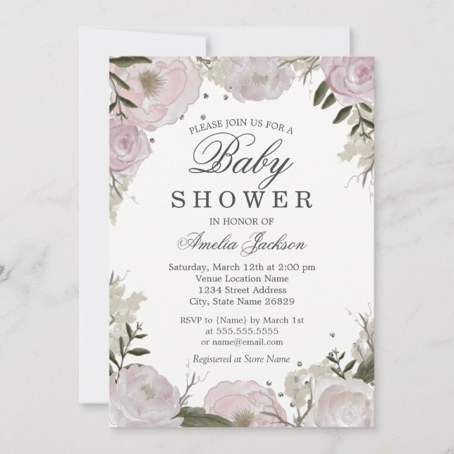 Invitación Fiesta de Bebé Floral Pink Silver Sparkle (Anverso)