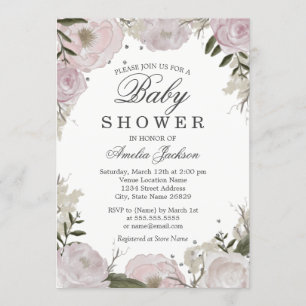 Invitación Fiesta de Bebé Floral Pink Silver Sparkle