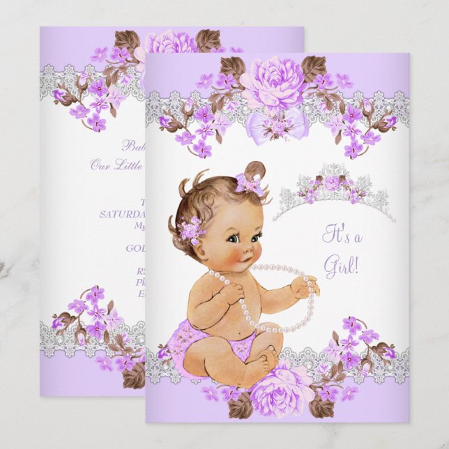 Invitación Fiesta de Bebé Floral Princesa Morada Niña Morena (Anverso / Reverso)