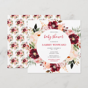 Invitación Fiesta de Bebé Floral Rosa Claro y Rojo Borgoña