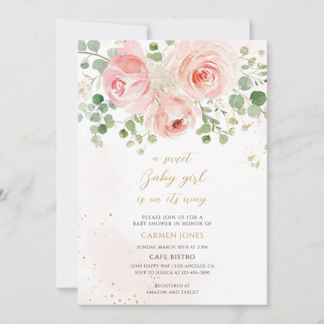 Invitación Fiesta de Bebé Floral Rosa Sonrojado (Anverso)