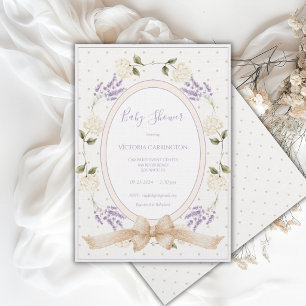 Invitación Fiesta de bebé floral vintage neutro púrpura