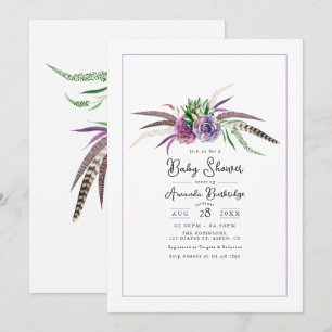 Invitación Fiesta de Bebé Floral y Plumas Boho