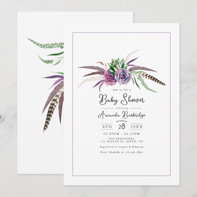 Invitación Fiesta de Bebé Floral y Plumas Boho (Anverso / Reverso)