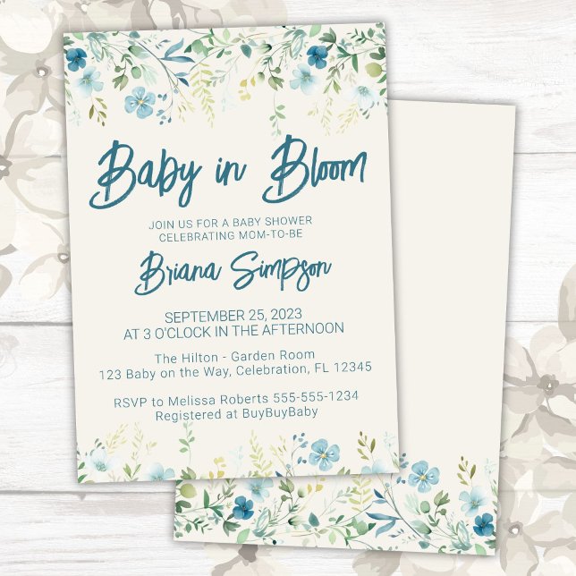 Invitación Fiesta de Bebé Flores Silvestres Azul Teal Beige (Subido por el creador)