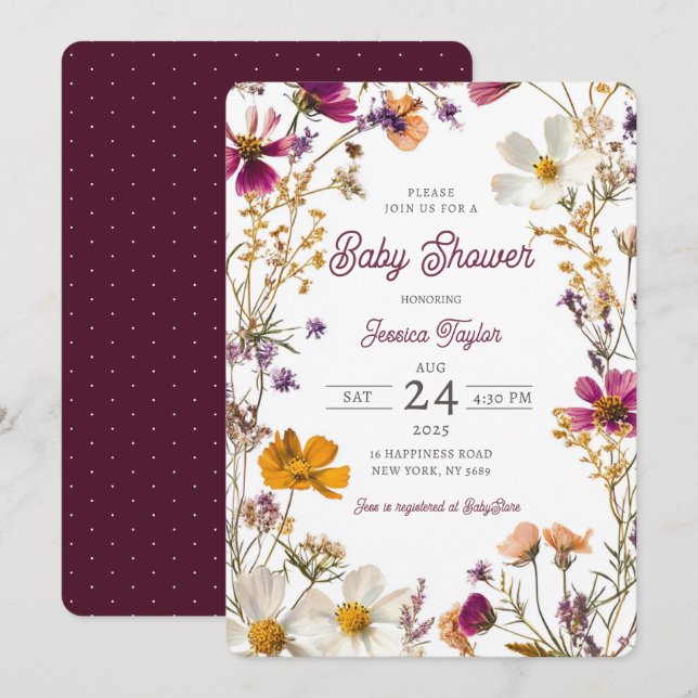 Invitación Fiesta de Bebé Flores Silvestres Niña Amarillo Púr (Anverso / Reverso)