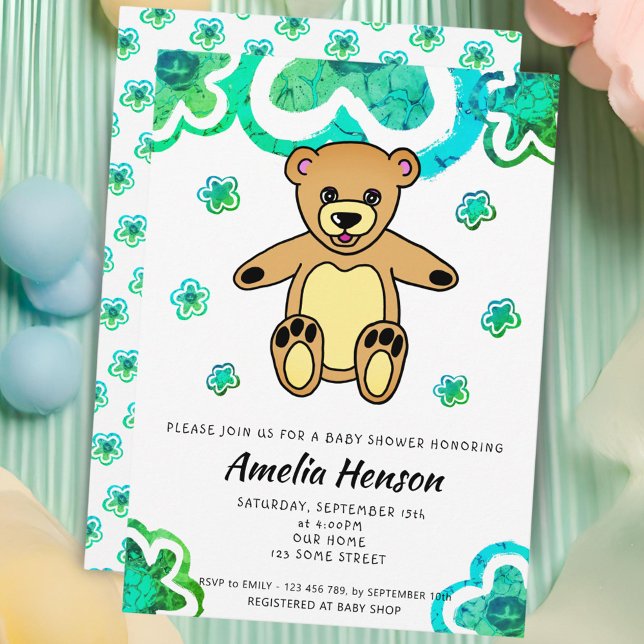 Invitación Fiesta de Bebé Flores Verdes Oso de Peluche  (Subido por el creador)