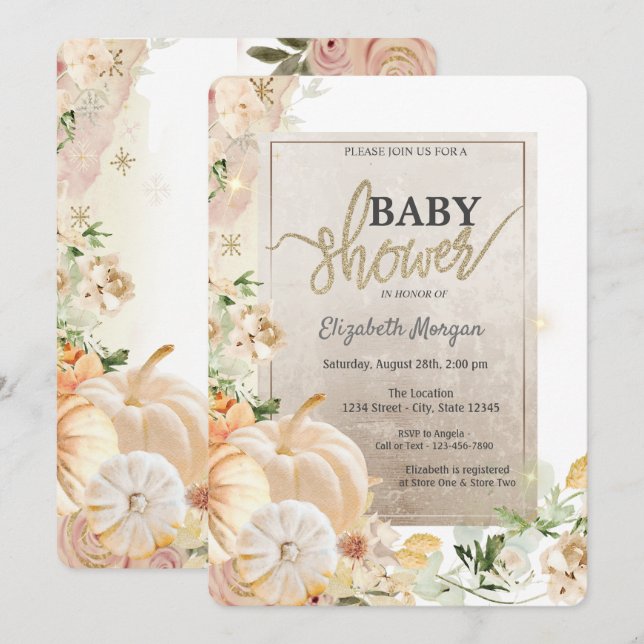 Invitación Fiesta de Bebé Flores y Calabazas de Otoño Chic (Anverso / Reverso)