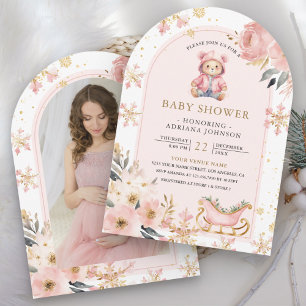 Invitación Fiesta de Bebé Foto de Oso de Peluche Floral Rosa