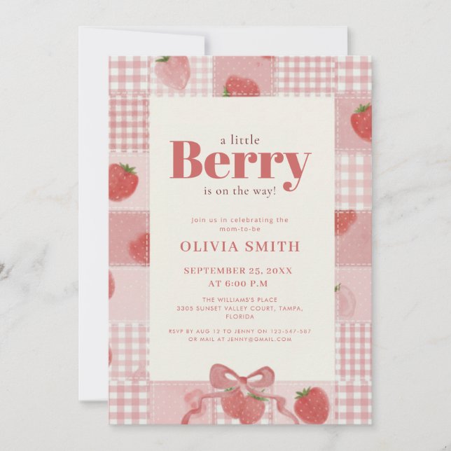 Invitación Fiesta de Bebé Fresa Coquette Gingham (Anverso)