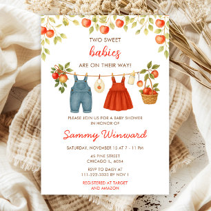 Invitación Fiesta de Bebé Gemelas Otoño Manzana Ropa en Línea