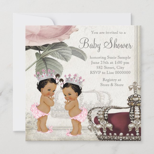 Invitación Fiesta de Bebé Gemelas Princesas Étnicas (Anverso)
