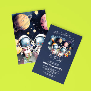 Invitación Fiesta de Bebé Gemelos Planetas Espacio Exterior