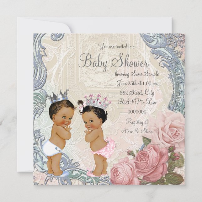 Invitación Fiesta de bebé gemelos Príncipe y Princesa étnicos (Anverso)