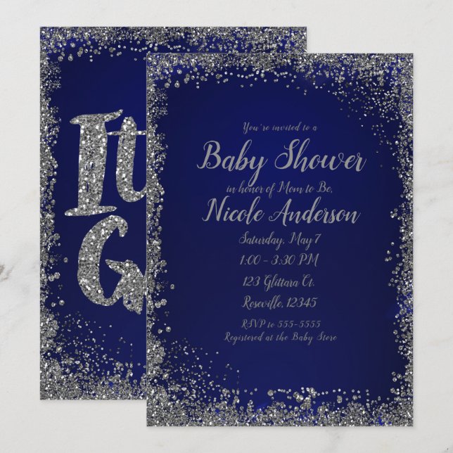 Invitación Fiesta de Bebé Glam Moderna con Brillo Plateado Az (Anverso / Reverso)