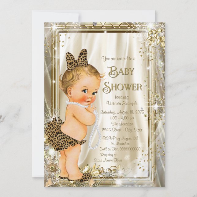 Invitación Fiesta de Bebé Glam Pearl Leopard Femenina (Anverso)