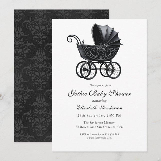 Invitación Fiesta de Bebé Gótico Cochecito Victoriano Elegant (Anverso / Reverso)