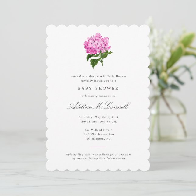Invitación Fiesta de Bebé Grandmillennial de Hortensia Rosa (Anverso de pie)