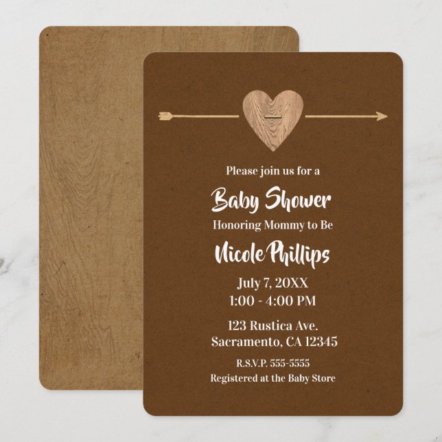 Invitación Fiesta de Bebé Granero Flecha Corazón Kraft Marrón (Anverso / Reverso)