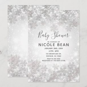 Invitación Fiesta de Bebé Invierno Mágico con Brillo Blanco