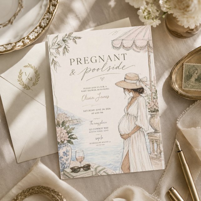 Invitación Fiesta de bebé junto a la piscina y embarazada (Subido por el creador)