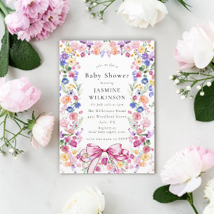 Invitación Fiesta de bebé lazo floral rosa flor silvestre coq