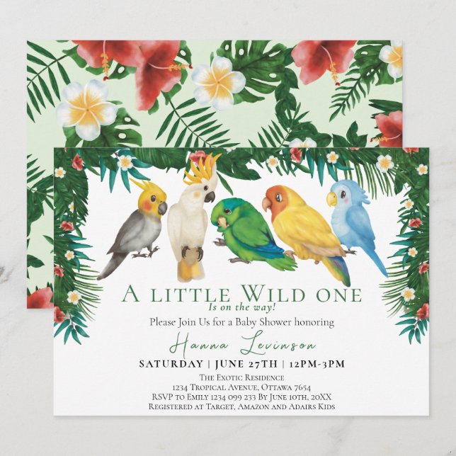 Invitación Fiesta de Bebé Loros Exóticos Tropicales El Salvaj (Anverso / Reverso)