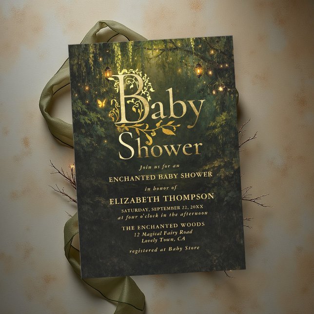 Invitación Fiesta de Bebé Luces Encantadas del Bosque de Cuen (enchanted forest baby shower storybook fairytale golden lanterns butterflies magical fairy woodland)