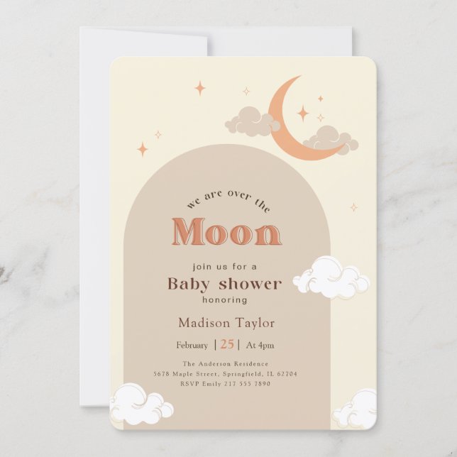 Invitación Fiesta de Bebé Luna Creciente Moderna Estrellas (Anverso)