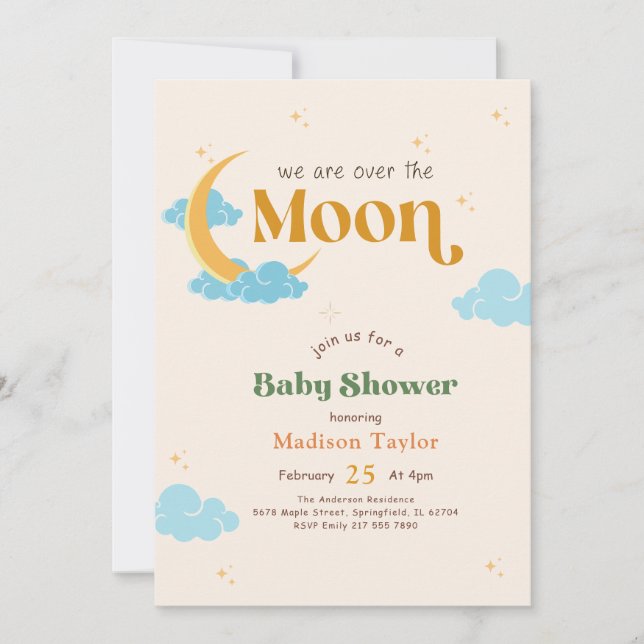 Invitación Fiesta de Bebé Luna y Estrellas de Género Neutral (Anverso)