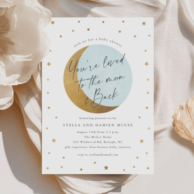 Invitación Fiesta de Bebé Luna y Estrellas Guión (Elegant Script Gold Moon and Stars Blue Boys Baby SHower Invitations.)