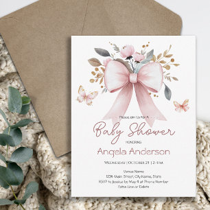 Invitación Fiesta de Bebé Mariposa con Lazo Floral Rosa Elega