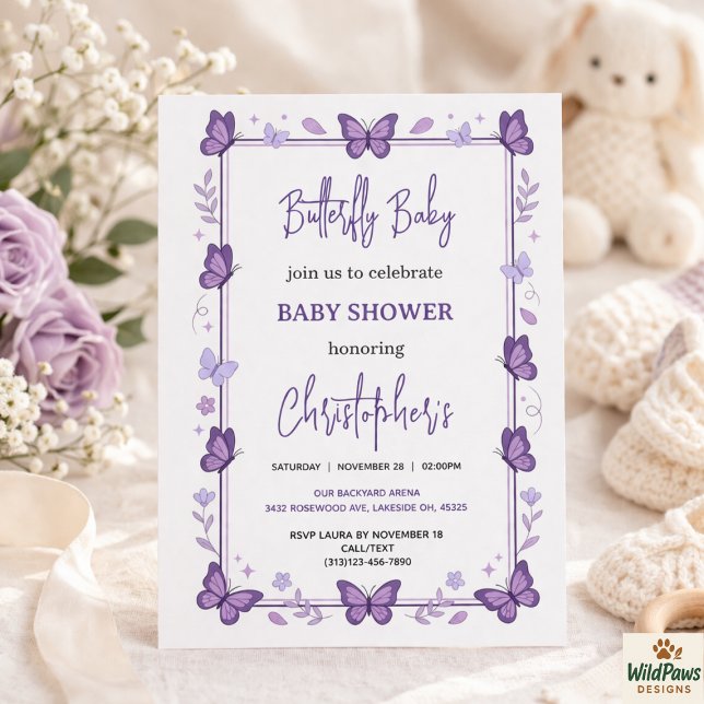 Invitación Fiesta de Bebé Mariposa Morada Niña (Purple Butterfly Baby Girl Baby Shower Invitation
)