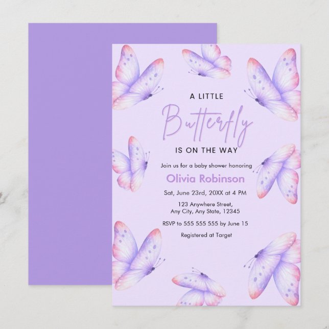 Invitación Fiesta de Bebé Mariposa Morada Un Poco (Anverso / Reverso)