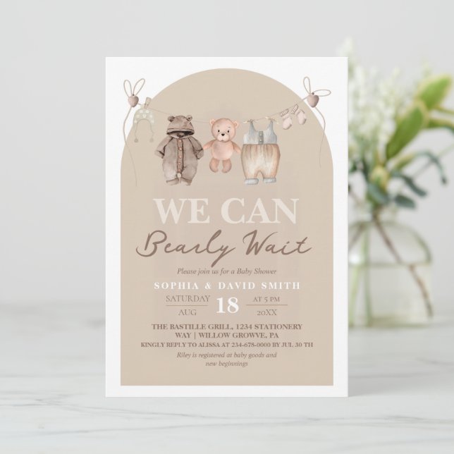 Invitación Fiesta de bebé marrón osito de peluche (Anverso de pie)