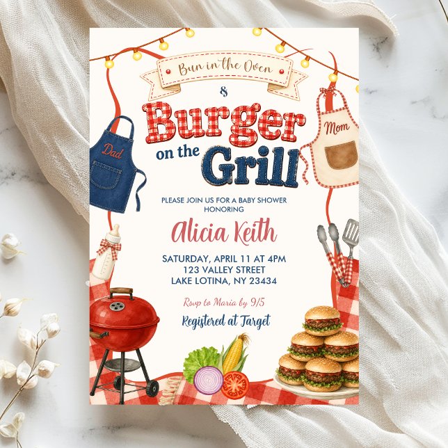Invitación Fiesta de Bebé Mixto Bun & Burgers Gingham BBQ (Subido por el creador)
