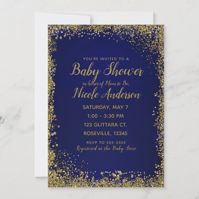 Invitación Fiesta de Bebé Moderna con Brillo Azul Real y Dora (Anverso)