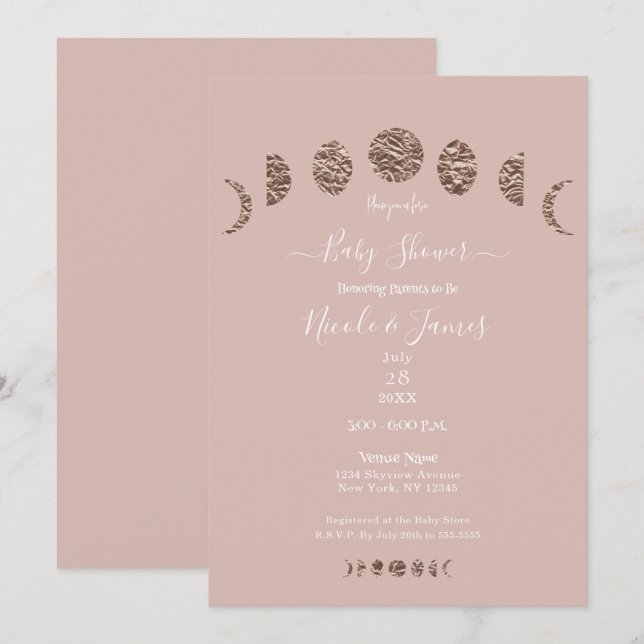 Invitación Fiesta de Bebé Moderna Fases Lunares Brillo Rosa B (Anverso / Reverso)